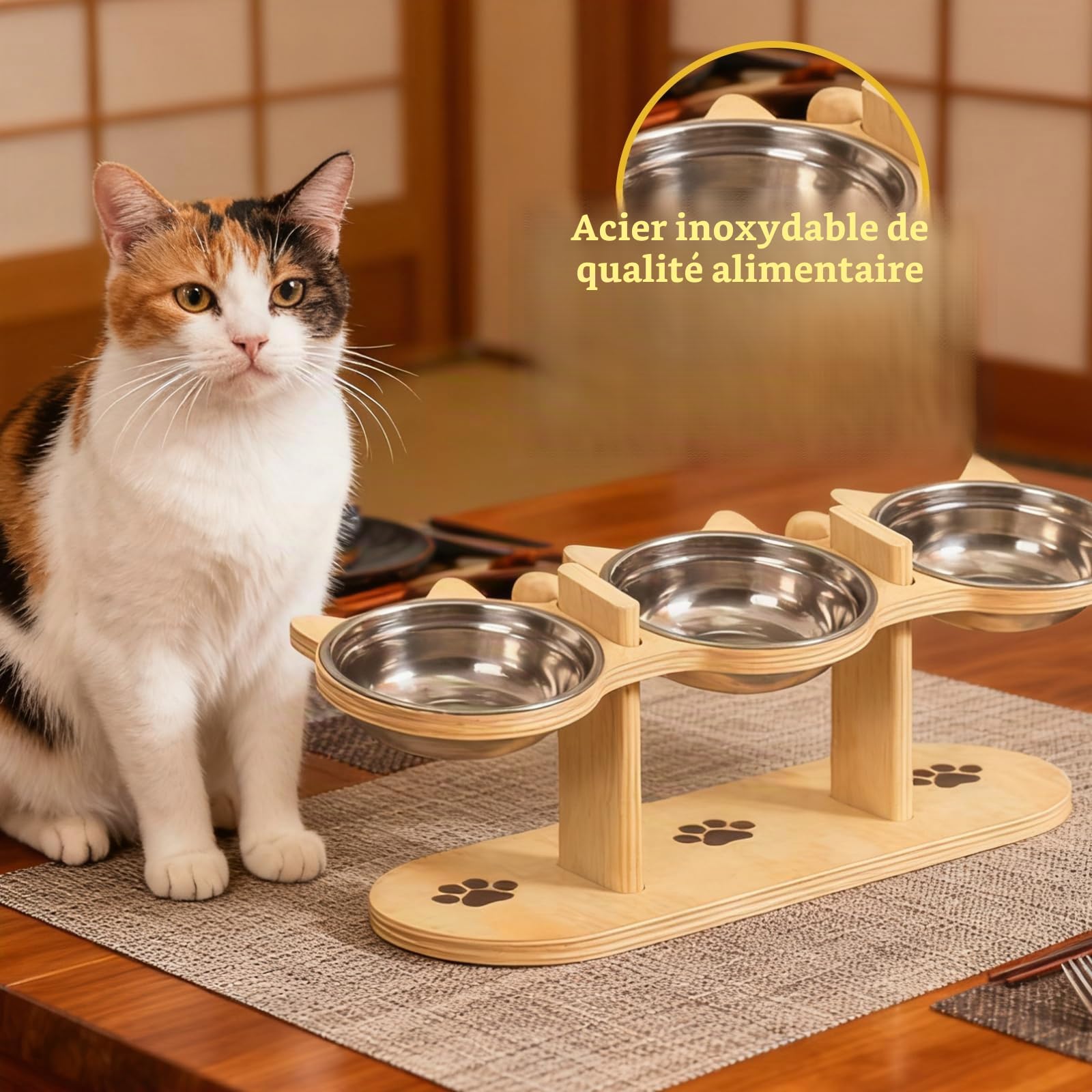 GOMETY Lot de 3 gamelles surélevées 3 en 1 pour chat avec 3 gamelles en acier inoxydable - Hauteur réglable - Avec support en bois - Gamelle ergonomique pour petits chiens