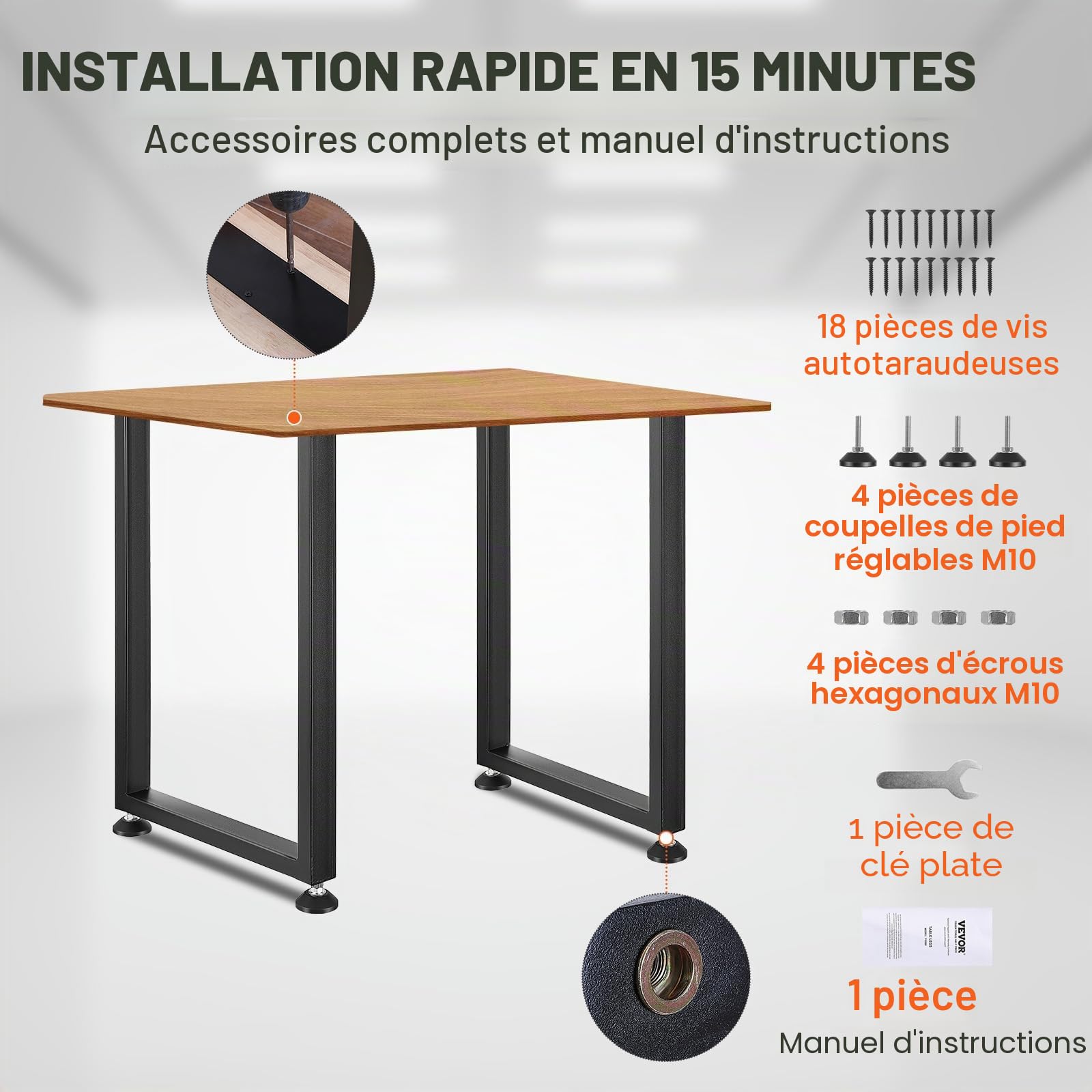 VEVOR Pied de Table 2PCS Pieds de Bureau Réglables Carrés 711 mm en Acier Massif Capacité de Charge 454 kg Pieds de Meubles Noirs Modernes avec Accessoires Nombreux pour Maison Bureau Salle à Manger