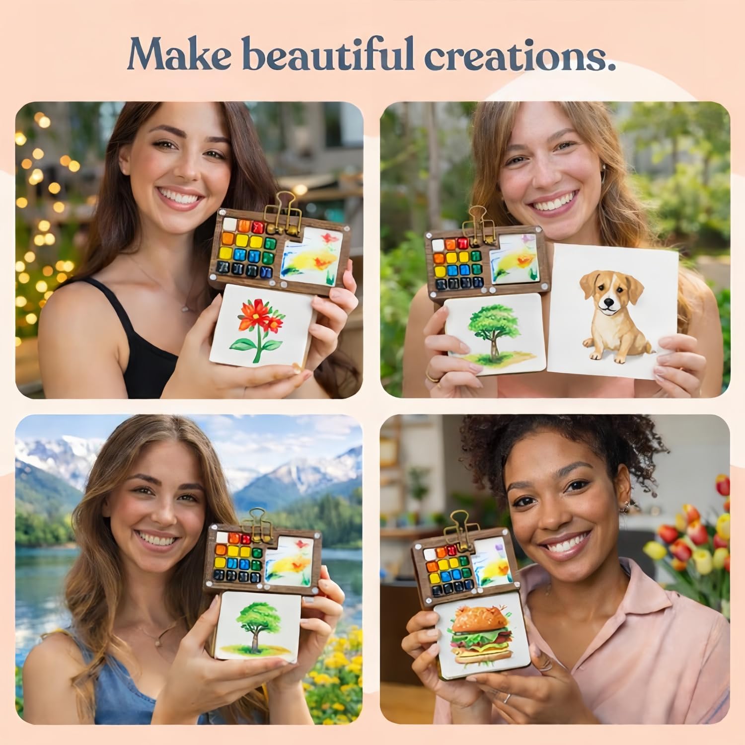 fsdyknej Mini Watercolor Travel Paint Set, Walnut Wood 15-Color Compact Travel Art Kit, with Paint Brushes, Water Brush, Watercolor Cards, Unique Creative Gift for Birthdays, Holidays & Art Lovers