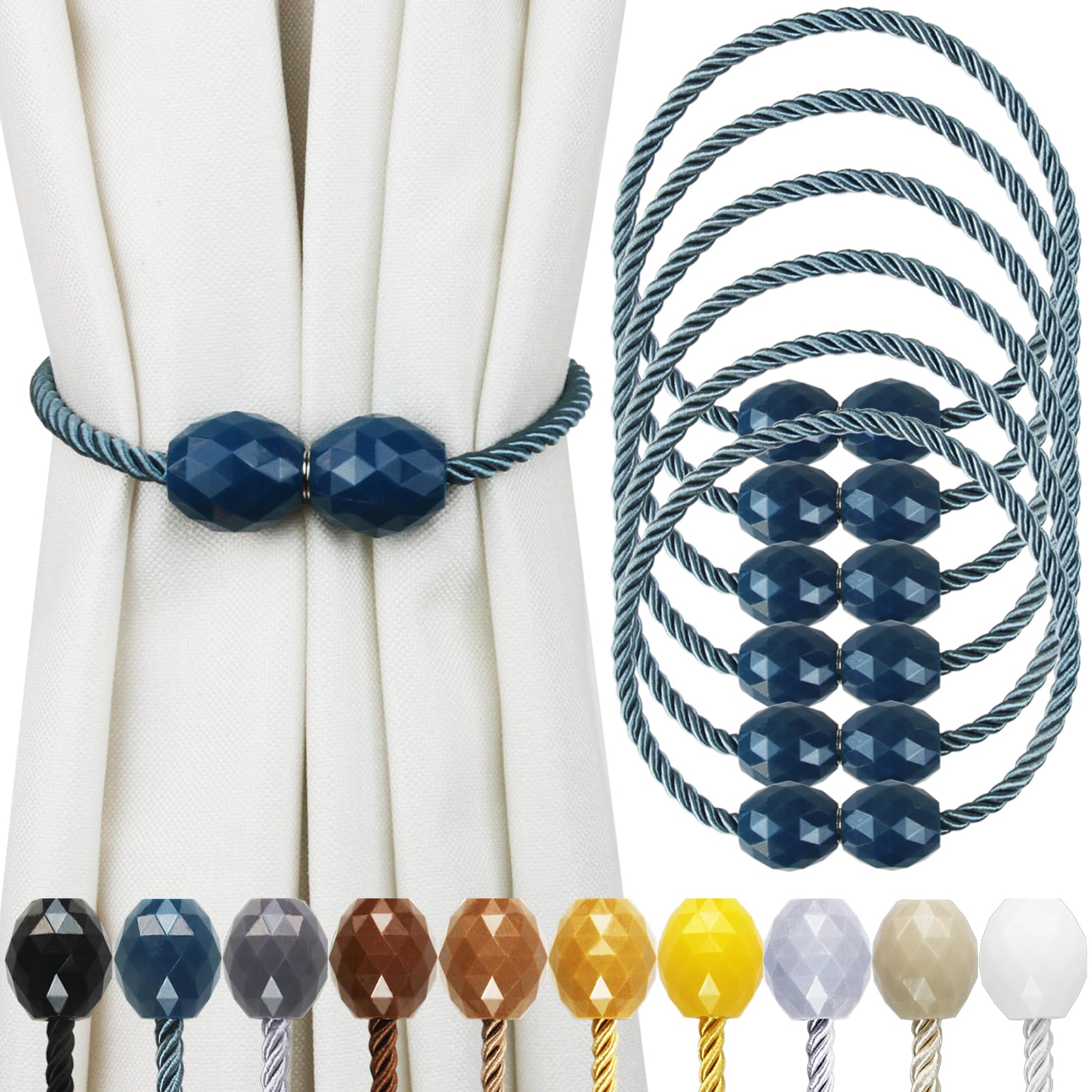 Porlau Strong Magnetic Curtain Tiebacks Blue 6 Pack Decorative Tie Backs Outdoor Curtain Rope Tiebacks Elegant Curtain Holdbacks for Drapes
