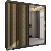 MN Furniture Roni Wide Wardrobe with Hanging Rails, Shelves and Drawers, Freestanding Closet Cabinet and Wardrobe with Sliding Mirror Doors for Bedroom Grey, 150cm