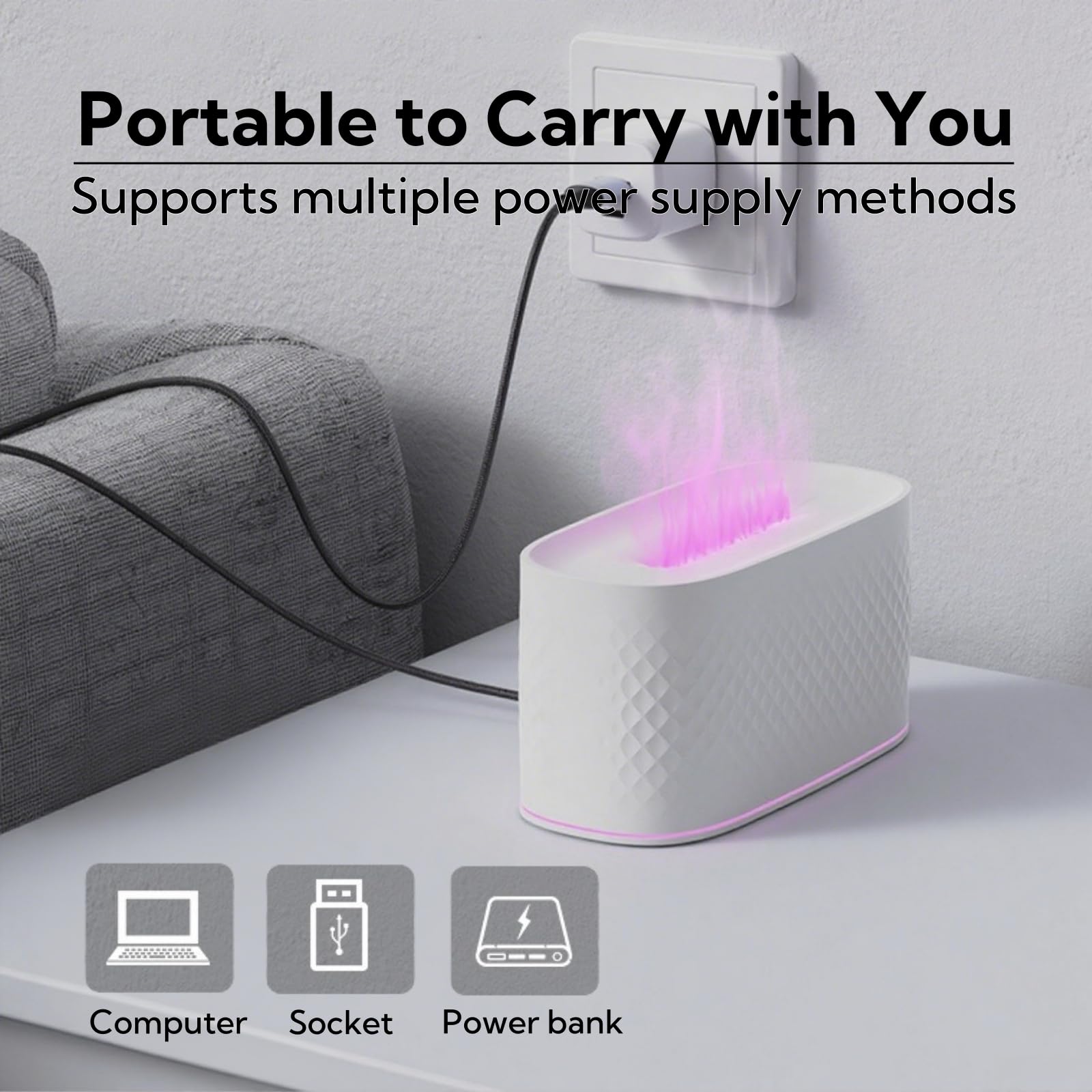 LED nawilżacz płomieniowy z dyfuzorem olejków eterycznych, lampka nocna 7 kolorów, 2 tryby natrysku, zasilanie USB (drewno)