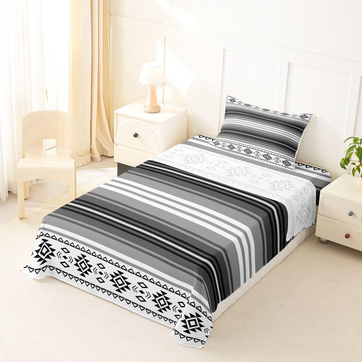 Erosebridal Western Aztec Sheet Set Ethnic Geometric Twin Sheets Set for Toddler Boys,Navajo Style Grey Black Stripes Farmhouse Decor Bohemian Fitted Sheet