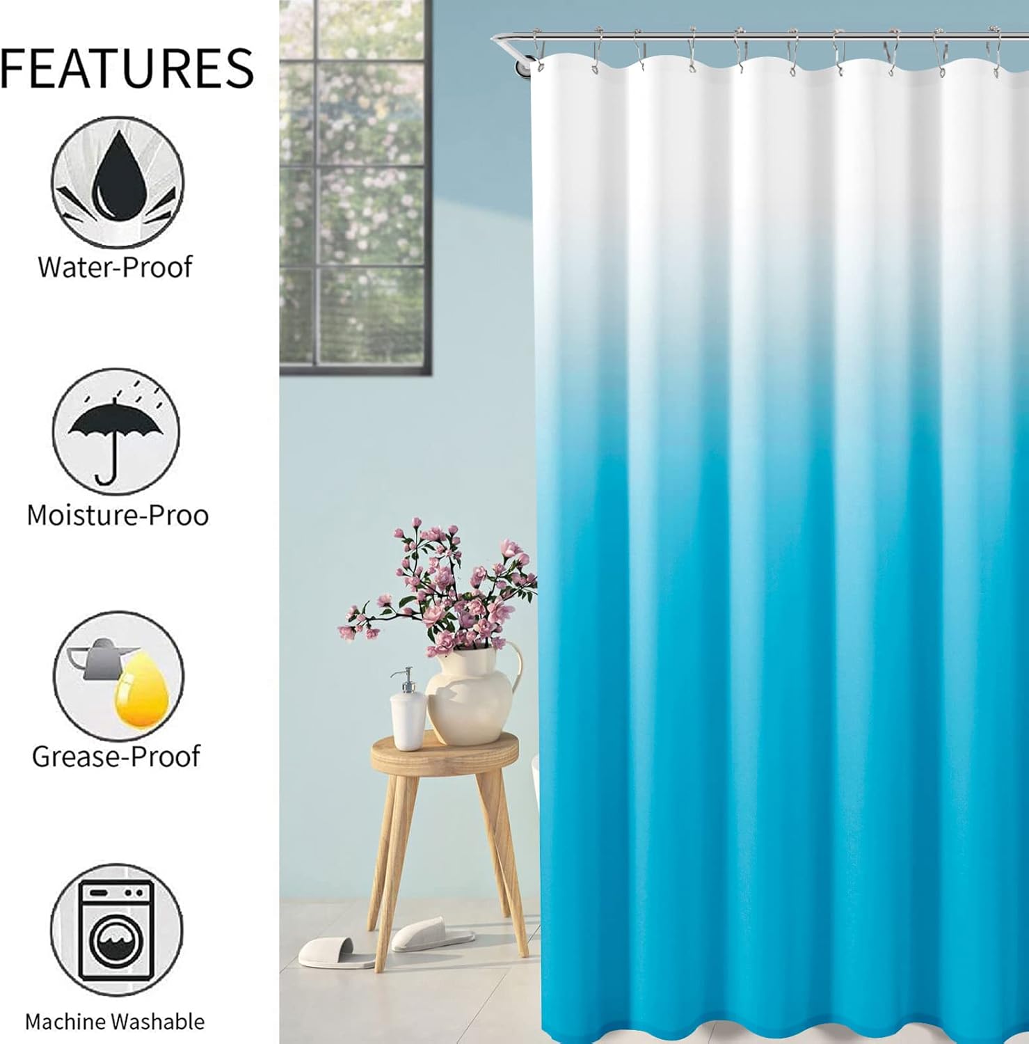 Blue Shower Curtains for Bathroom, Ombre Textured Fabric Shower Curtain Set, Hotel Spa Luxury with 12 Hooks, Machine Washable, Decorative Bathroom Curtain 72 x 72