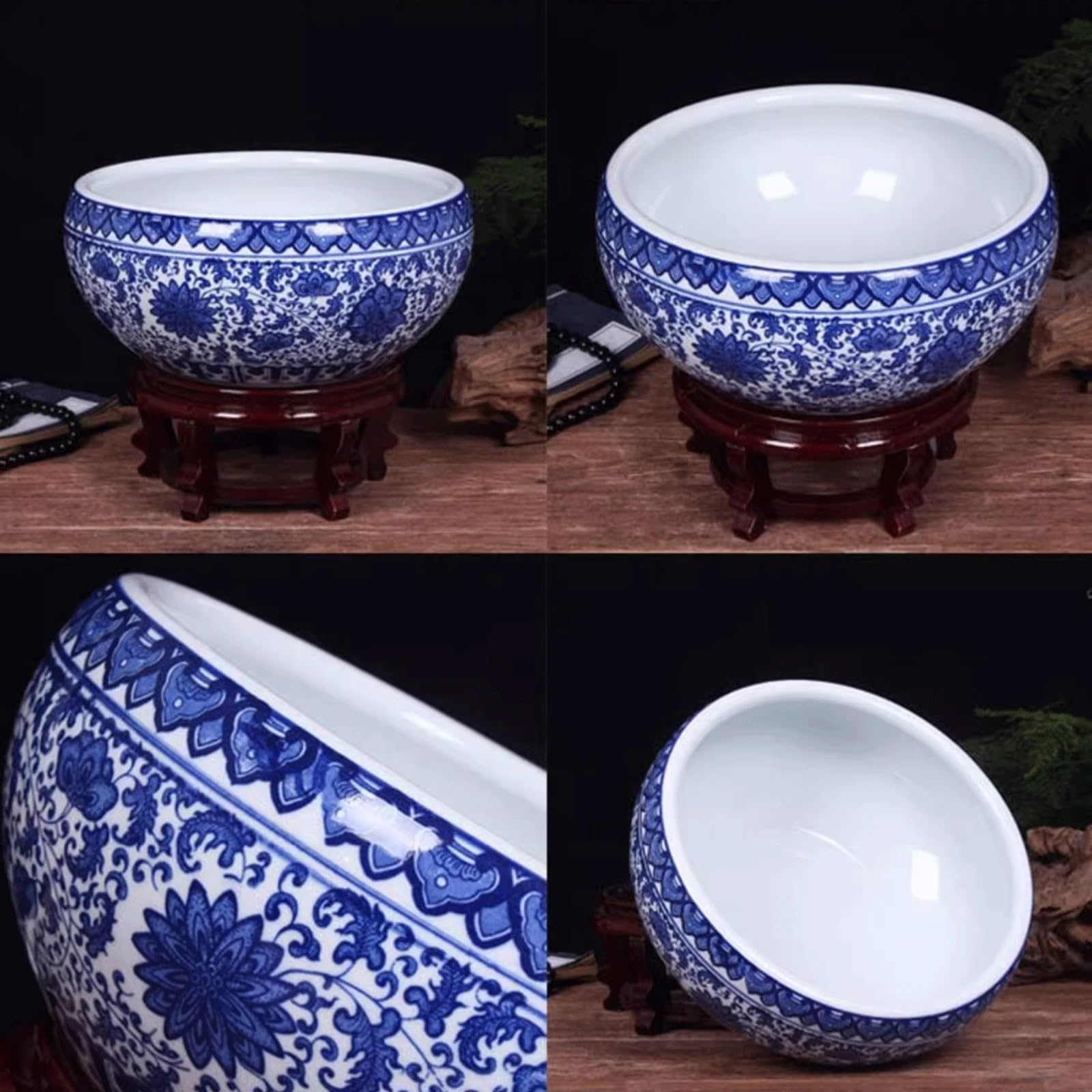 Dekoracyjna okrągła miska do lilii wodnej, niebiesko-biała porcelanowa doniczka, doniczka hydroponiczna, ceramiczna doniczka na kwiaty lotosu wodnego na stół i taras (60 x 28 cm)