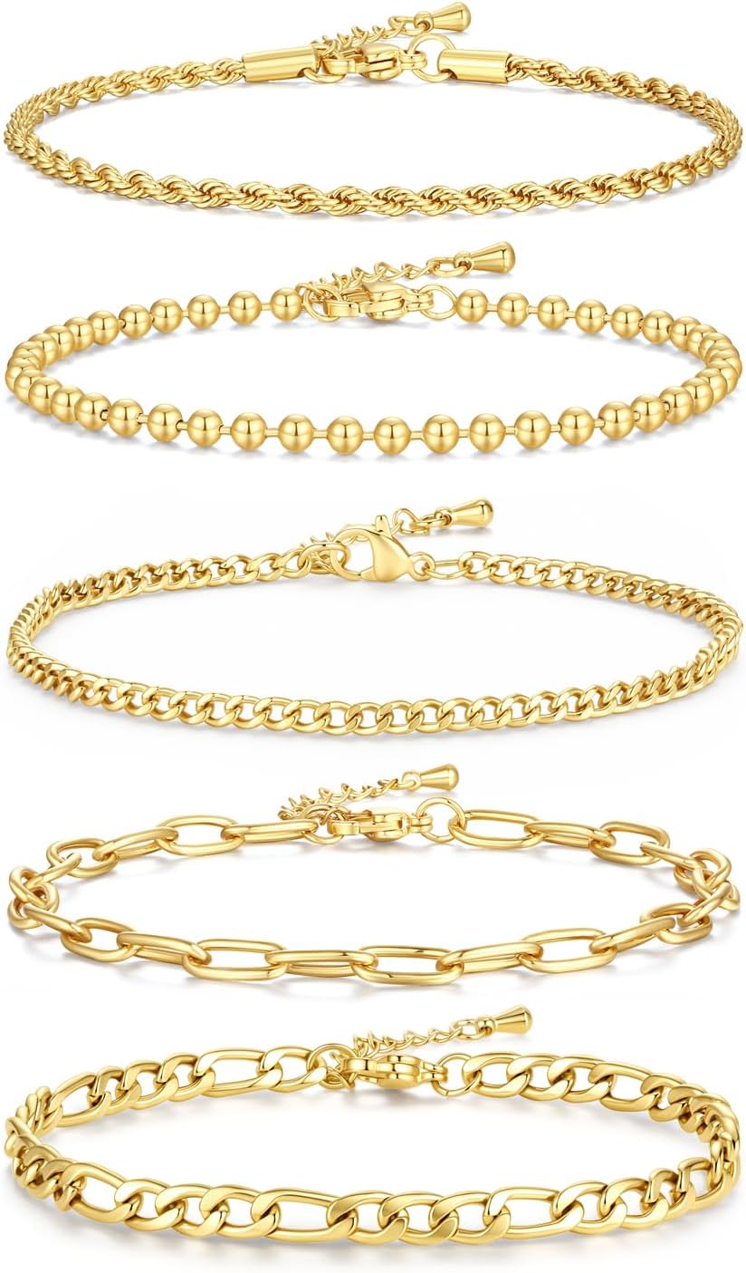 Gold Bracelet for Women Waterproof, 14K Gold Plated Stackable Link Bracelet Set Adjustable Paperclip Chain Cuban Rope Layered Jewelry Sets for Womens Mom Mother's Day Fashion Accessories