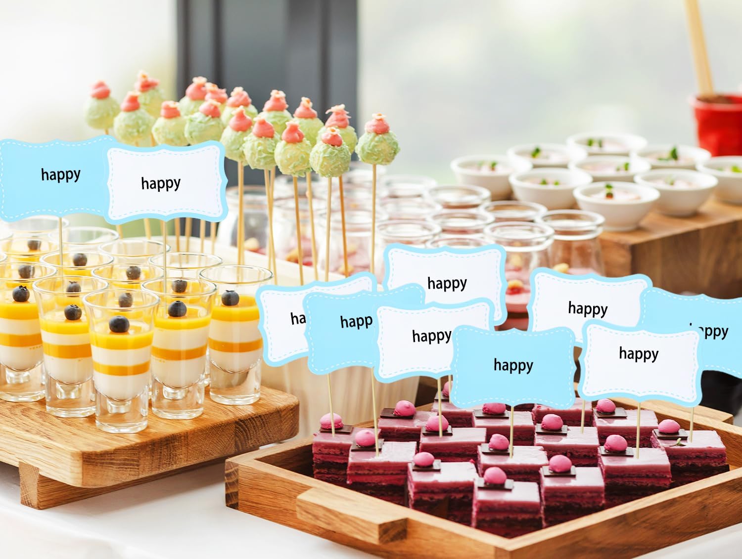 ONLYKXY 20pcs Blank Cake Cupcake Toppers Decor Toothpick Flag Cute Food Appetizer Funny Stick Picks DIY Marker Tag Sign for Theme Party Bride Shower Birthday Wedding (Blue & White)