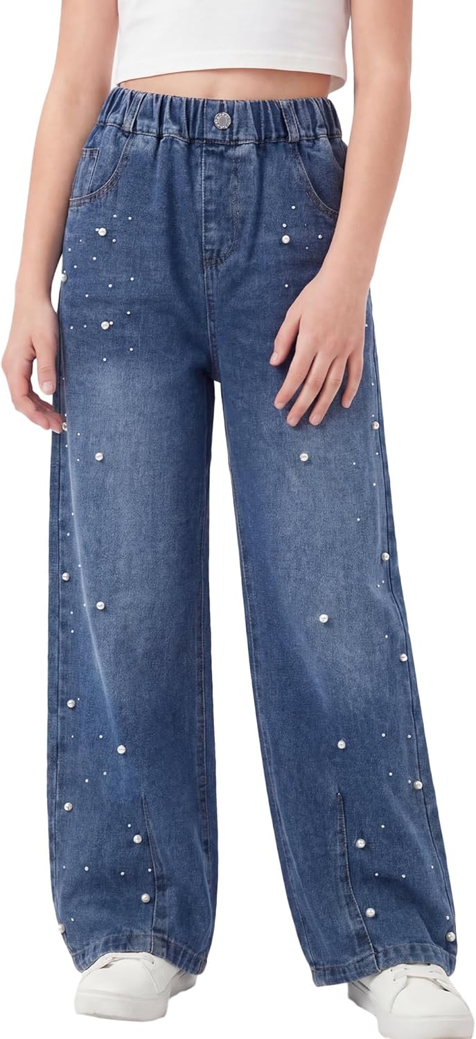 Happy Cherry Baggy Jeans for Girls Wide Leg High Elastic Waisted Denim Pants Summer Trousers