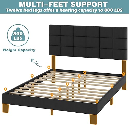 Miniatura 6 de Lifezone Marco de cama Queen con cabecero tapizado de lino con soporte de listones de madera, no necesita boxeo, pies resistentes, diseño capitoné