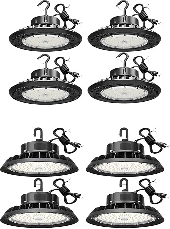 4 Pack 150W and 4 Pack 100W LED High Bay Light with Hanging Hook,Safe Rope,5000k