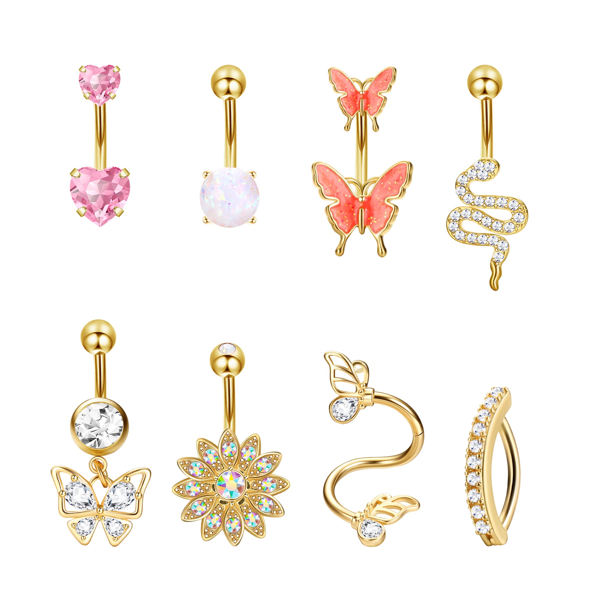 Dochais 8 Piezas Piercing Ombligo Oro Plata Oro Rosa, Piercing Ombligo Acero inoxidable, Piercing Ombligo Zircon Farfalla, Piercing Ombligo Brillante, Piercing Ombligo Colgante para Mujeres 14G 10mm