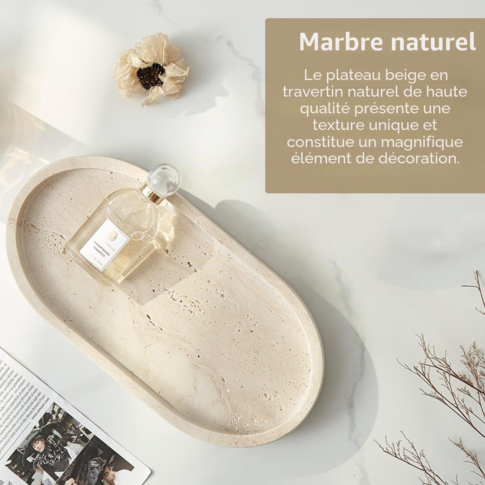 Plateau, Plateau Ovale de Salle de Bain en Travertin Naturel Plateaux Decoratif Beige à Bord Surélevé Plateaux à Bijoux 25 x 12 cm pour Cosmétiques Produits de Soin Bijoux Parfums et Bougies