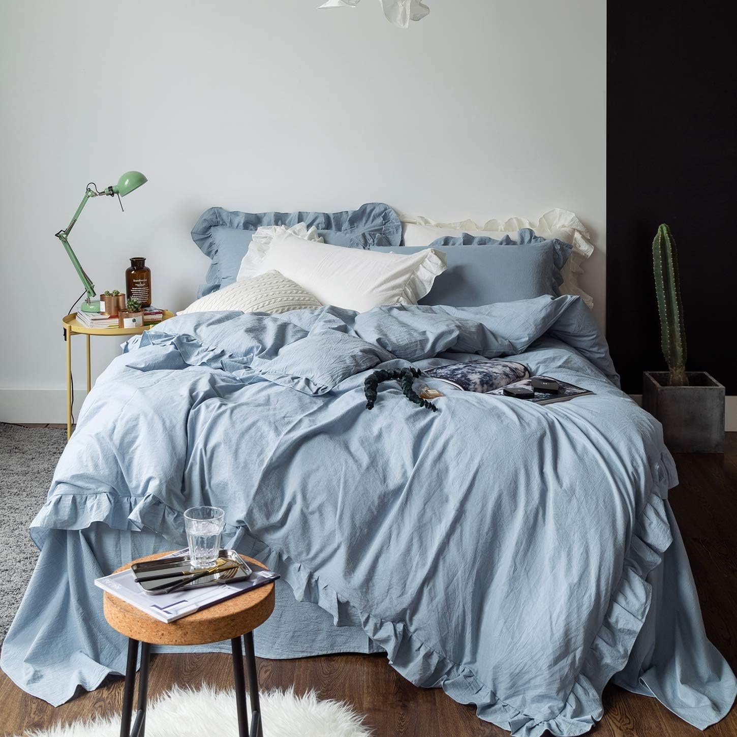 SUSYBAO Blue Ruffle Duvet Cover King 100 Washed Cotton