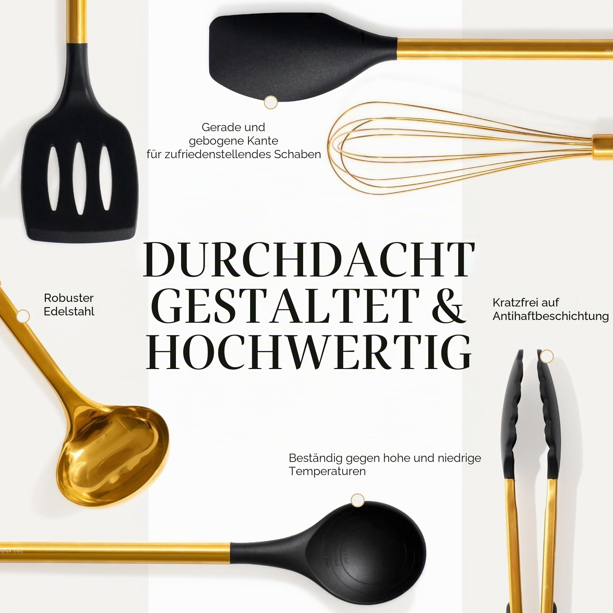 Schwarz-Goldenes Küchenutensilien-Set – 7-teiliges Silikon-Kochset mit goldenem Utensilienhalter – Für Antihaft-Kochgeschirr & moderne Küchen