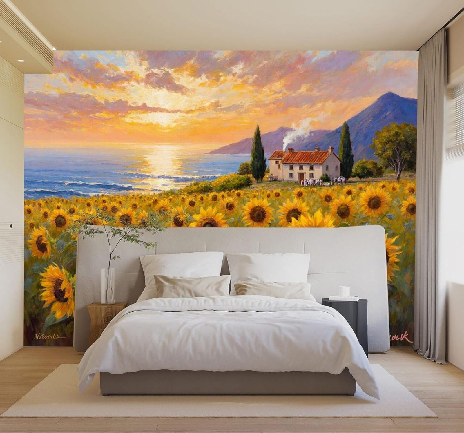 3D Papel Pintado Costa Campo De Girasoles Puesta De Sol Cielo Casita Rural