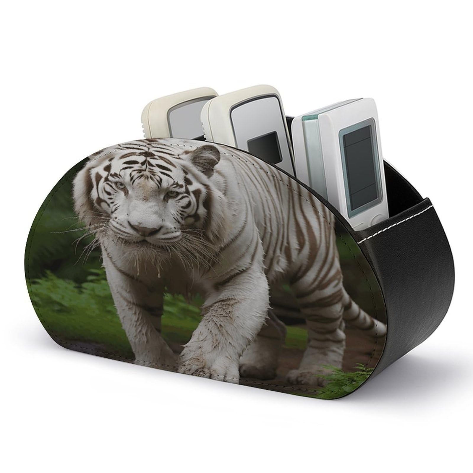 VstaDank Majestic White Bengal Tiger Remote Control Holder with 5 Compartments Pu Leather TV Remote Caddy Storage Box Desktop Organizer Store Controller DVD Brush Pens Glasses&Office Supplies