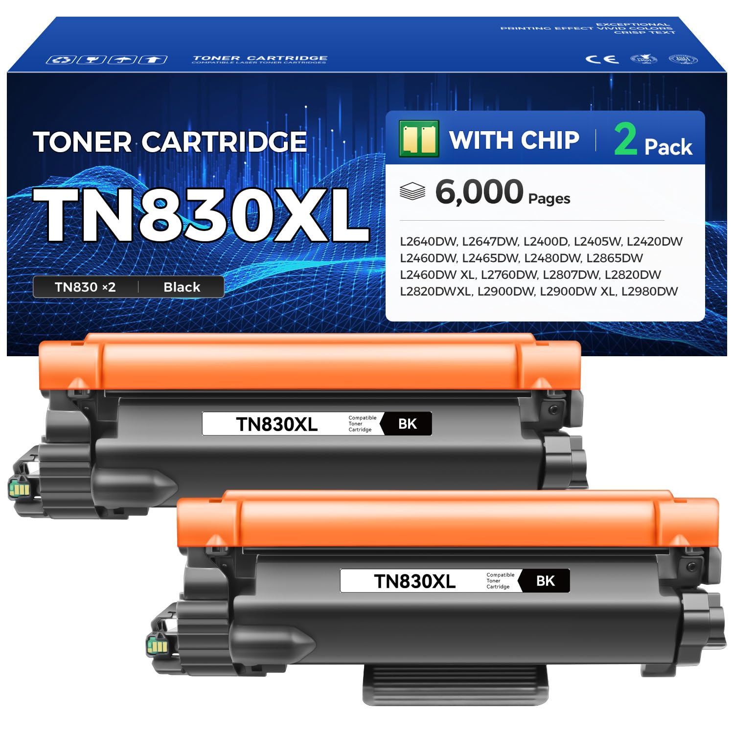TN830XL Toner Cartridge High Yield Black 2-Pack Replacement for Brother TN830XL TN830 XL Compatible for HL-L2460DW HL-L2405W HL-L2480DW MFC-L2820DW
