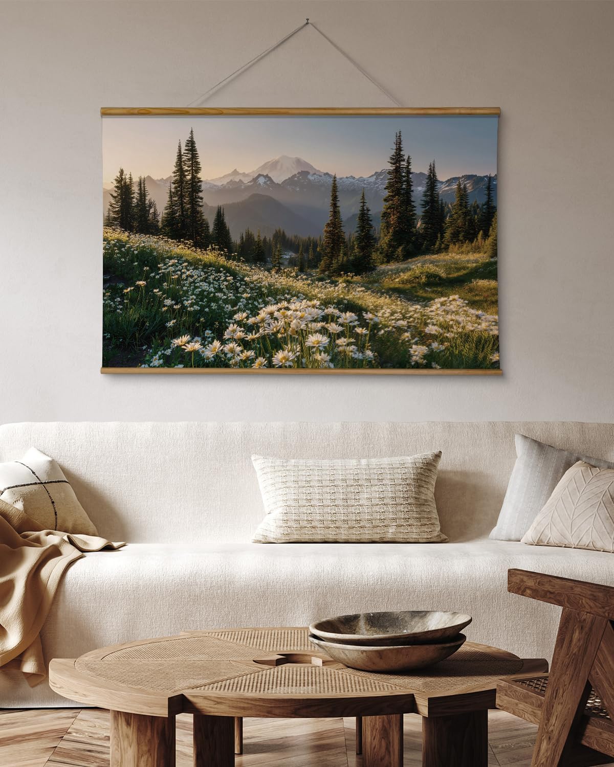 viyyiea extra large size canvas wall art, 36x54 inch mountain landscape scroll painting with wildflowers and pines, oversized nature wall hanging for living room, bedroom, or office decor evening in the mount rainier range 54"l x 36"w