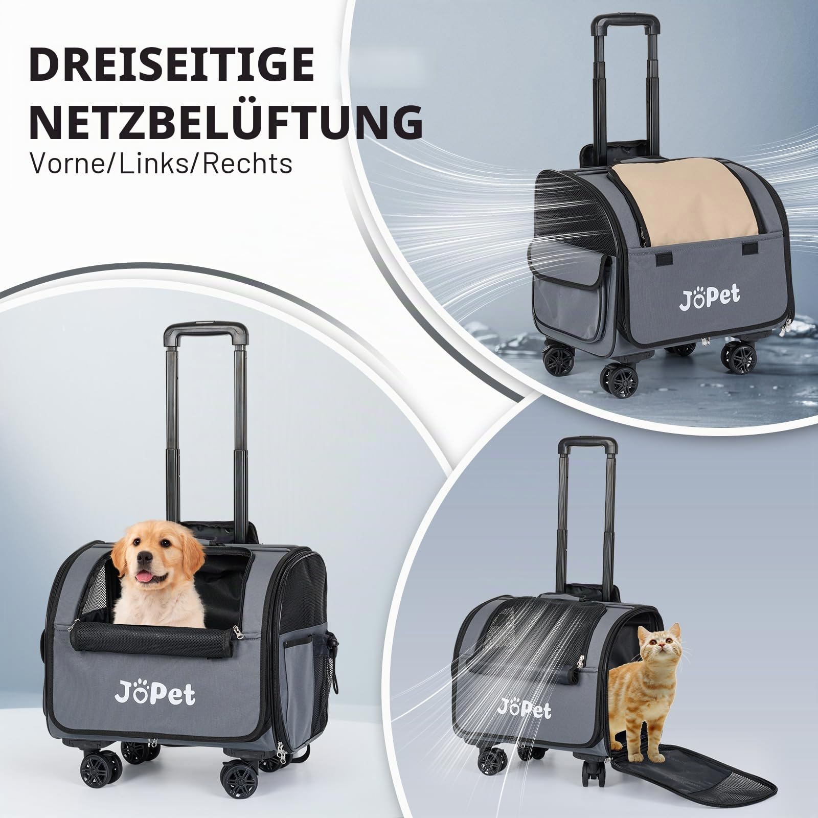 Haustiertasche Tragetasche mit Rollen, Haustierrucksack mit Rollen, kleine Hundetragetasche, Katzentragetasche, abnehmbare Räder, Reisetasche, Haustierwagen, weiche Seitentrage mit Rollen,