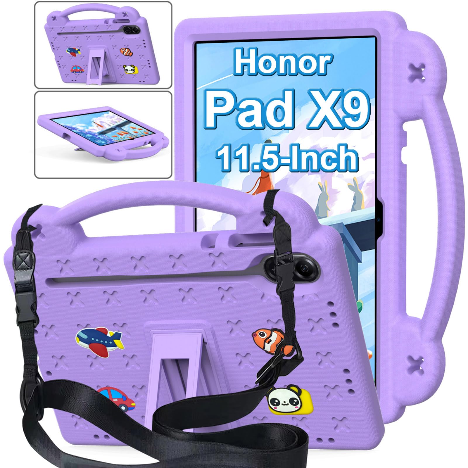Billionn Case Compatible with Honor Pad X9 11.5 Inch, DIY Accessories for Kids, Shockproof Case with [Pencil Holder] [Shoulder Strap] [Handle Stand], Purple