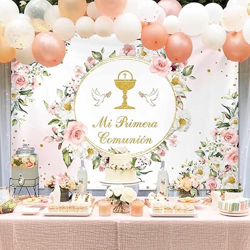 Miniatura 3 de MEHOFOND Telón de fondo de bautismo mexicano Mi Primera Comunión Bautizo Oro Purpurina Floral Dios bendiga Banner Primera Comunión Fondo Fotografía