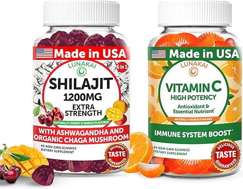 Lunakai Paquete de gomitas de alta potencia Shilajit y vitamina C fabricadas en Estados Unidos, energía y apoyo inmunológico, sin OMG y deliciosas