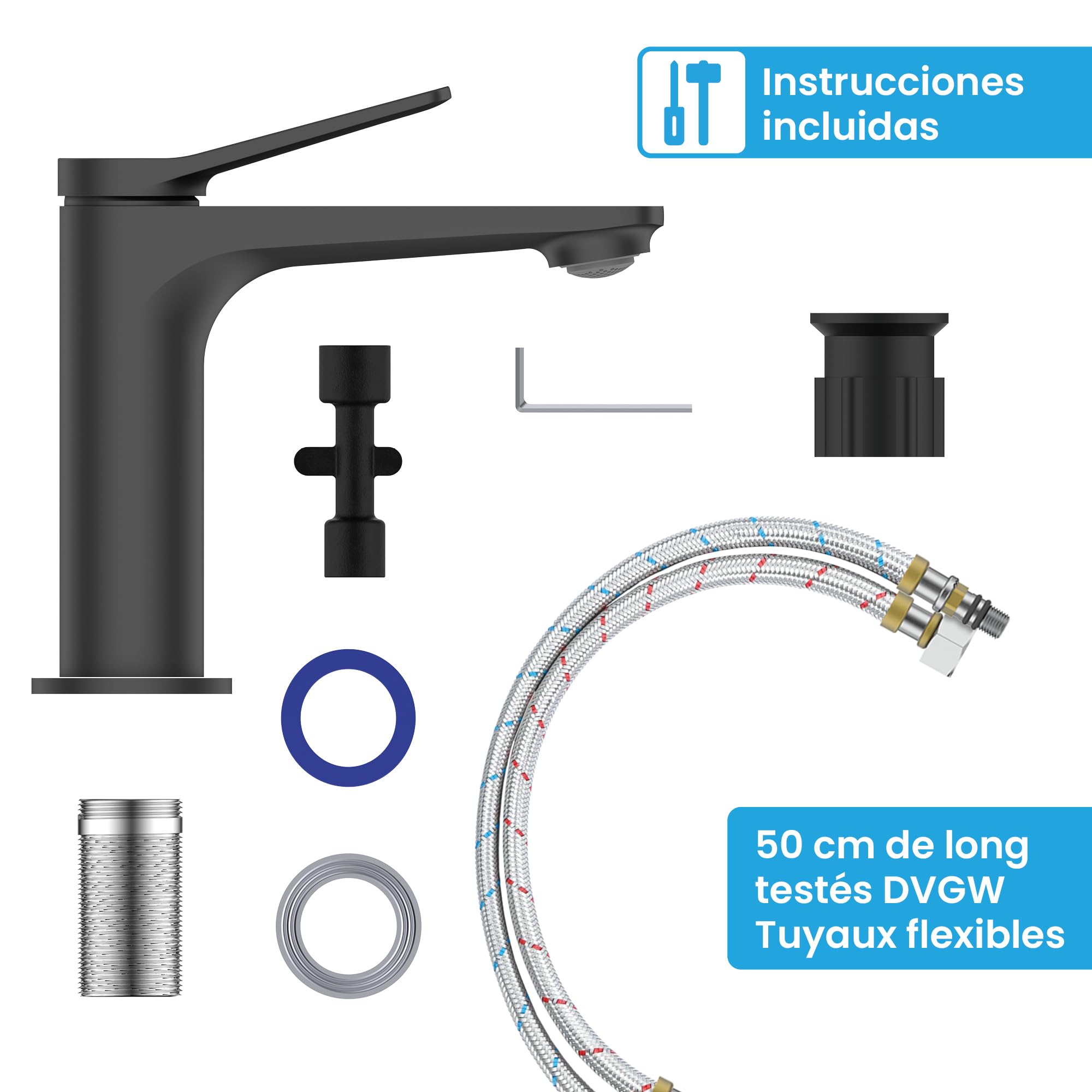Bächlein Grifo de baño Aldeya en diseño moderno, monomando con cartucho de cerámica duradero y kit de montaje, grifo de baño negro mate
