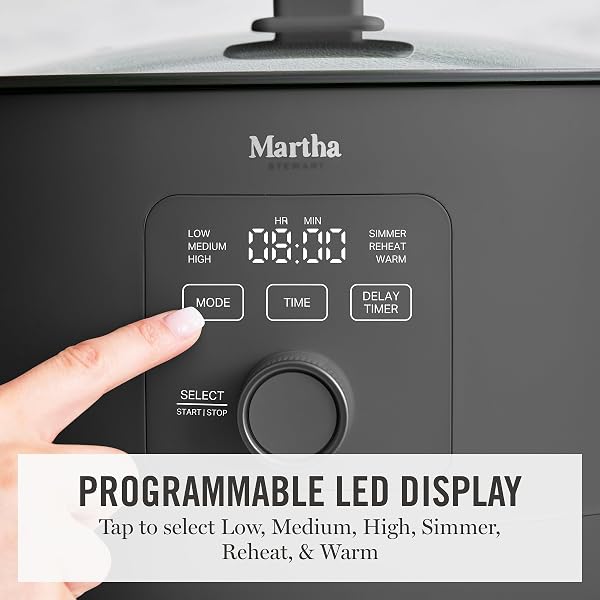 Martha Stewart Martha Stewart 8 QT Slow Cooker, Programmable with Timer, 3 Heat Settings (Low, High, Warm), Nonstick Ceramic Removable Crock, Stovetop & Oven Safe, Glass Lid, Simmer, Reheat, Warm, Caviar in use