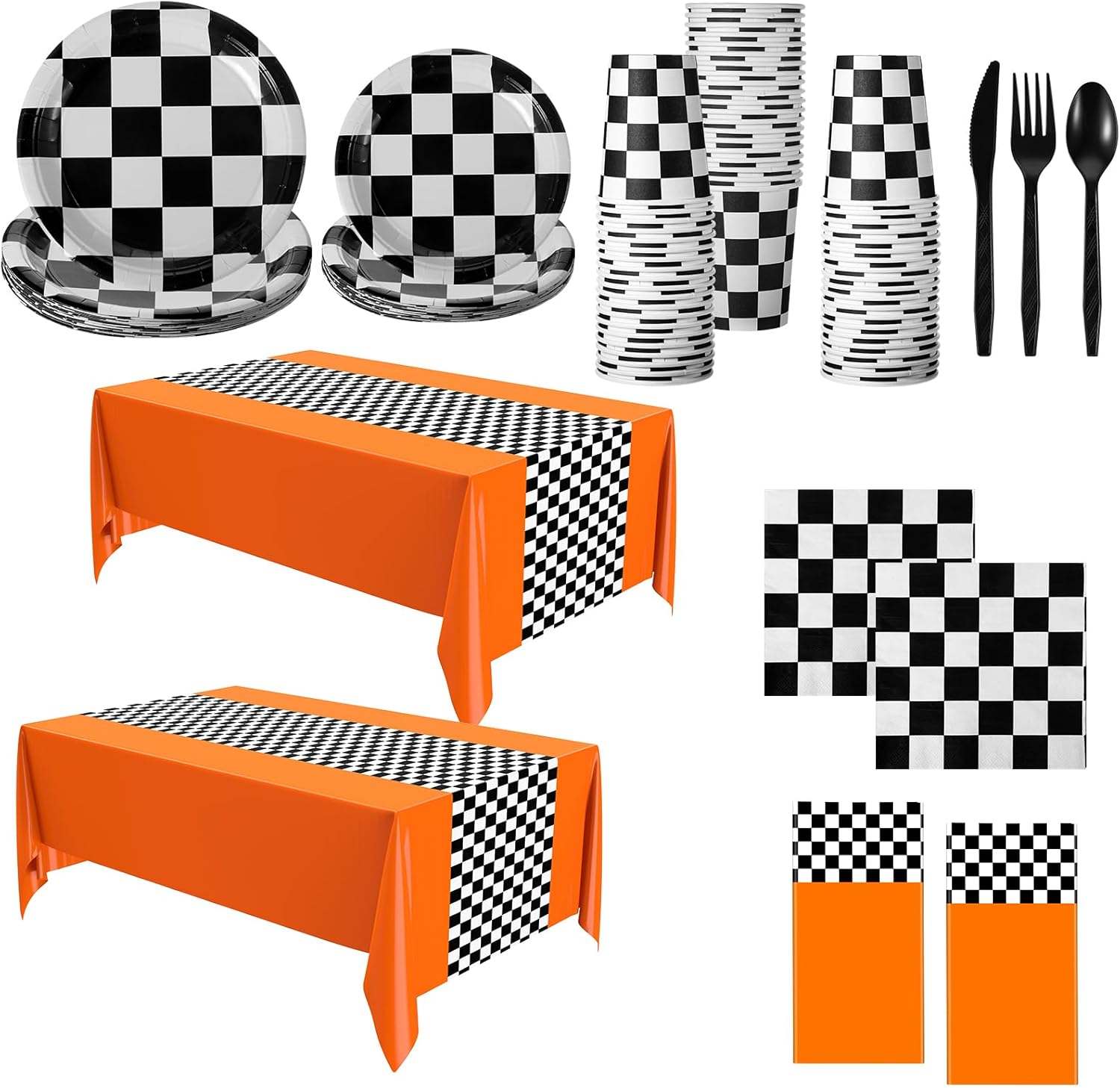 Oudain 162 Pcs Racing Car Birthday Party Supplies Racing Car Tableware Sets for 20 Guests Checkered Race Themed Rectangular Tablecloth Plates Cups Folks for Christmas Birthday Party Decor(Orange)