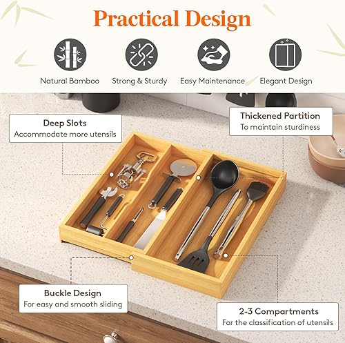 Miniatura 6 de Lifewit Organizador de cajones de utensilios, bandeja de cubiertos de cocina prescindible para cajón de cocina, soporte ajustable de bambú para