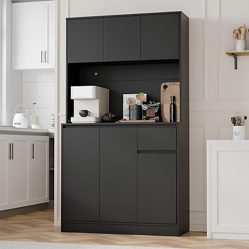 Armario de despensa de cocina negro de 71 pulgadas de alto con 6 puertas y toma de corriente, aparador de almacenamiento independiente con encimera,