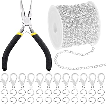 Mardatt 102Pcs Jewelry Making Chains Kit, 10 Yards Necklace Chains with 50Pcs Open Jump Rings, 50Pcs Lobster Clasps, Chain Nose Pliers for DIY Necklace Bracelet Jewelry Making Silver