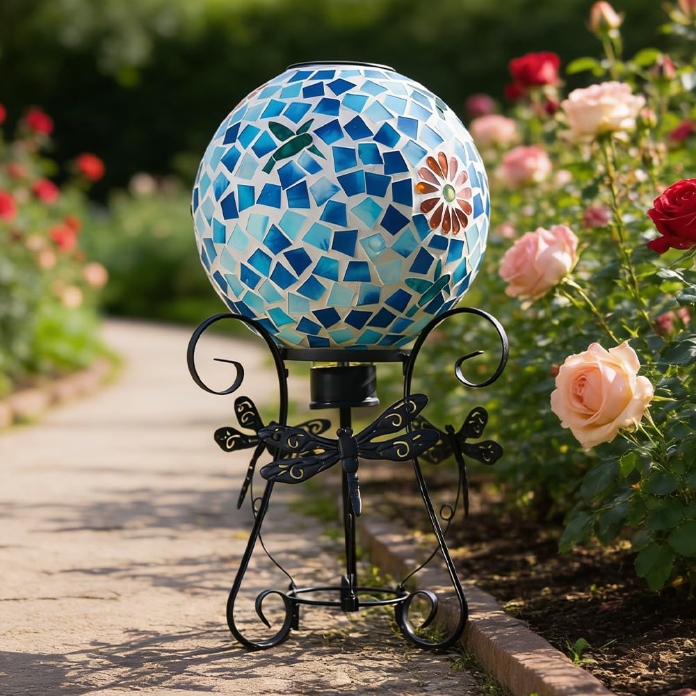 Stargarden Solar Gazing Ball, 10" Mosaic Gazing Ball,Glass Gazing Globe with Metal Stand, Decorative Solar Globes for Patio, Lawn, Garden Decor