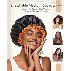 mikimini Black Shower Caps 2 Packs, Double Layers Waterproof Bathing Hair Cap with Reusable Soft Comfortable PEVA Lining, Cute, Non-fading & Stretchy Shower Hat Medium (Pack of 2) Black + Orange