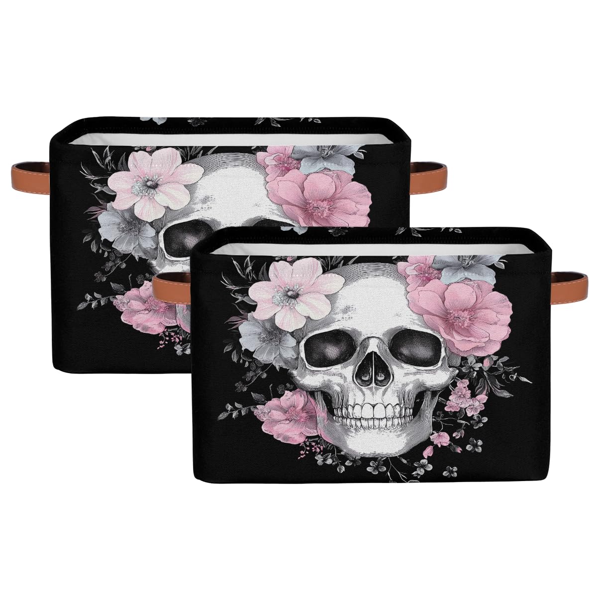 SEULIFE Floral Sugar Skull Flower Halloween Foldable Storage Basket, Large Collapsible Organizer Storage Bin Cube Toys Storage Boxes with Handles for