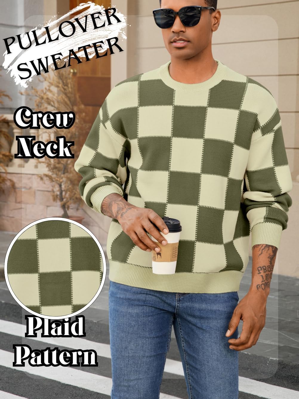 Men's Fall Fashion Checkered Sweater, Crewneck Ribbed Knit Pullover Top, Casual Loose Winter Color Block Sweaters - Image 2
