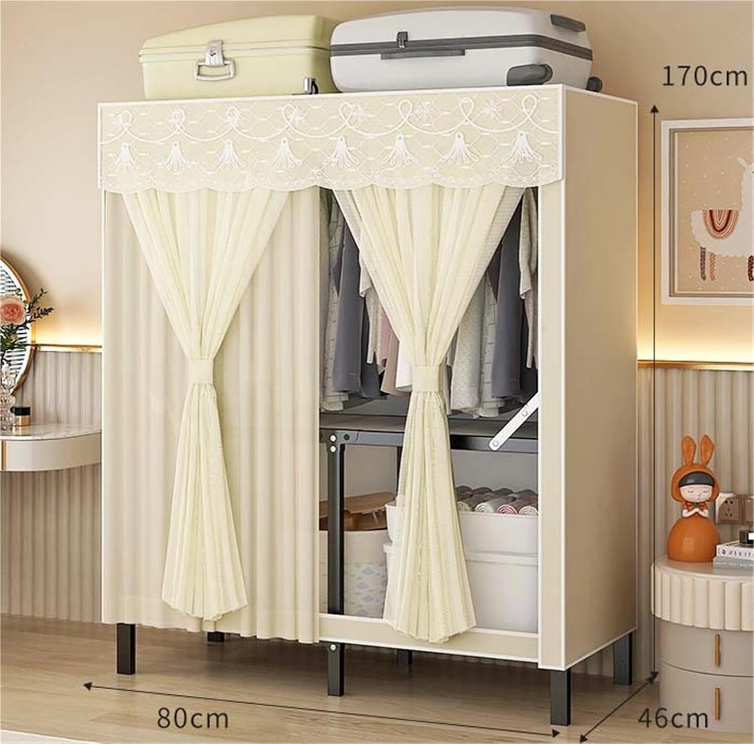 Portable Closet Wardrobe Closet Closet Foldable with Curtain Portable Closets for Hanging Clothes Metal Wardrobe Easy Assemble(Pink,80x46x170cm)