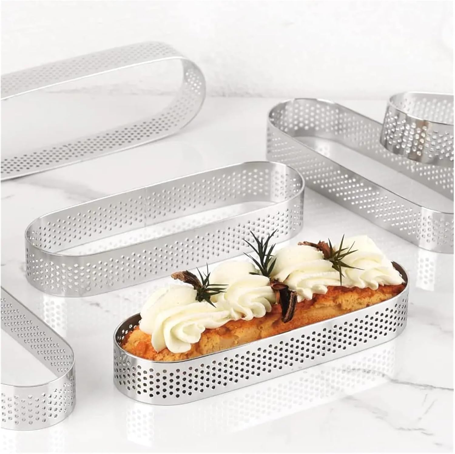 6pcs stainless steel perforated cake ring, oval tart ring, baking special tart ring, used for baking biscuits, fruit tarts, Fren(Silver-14CM)