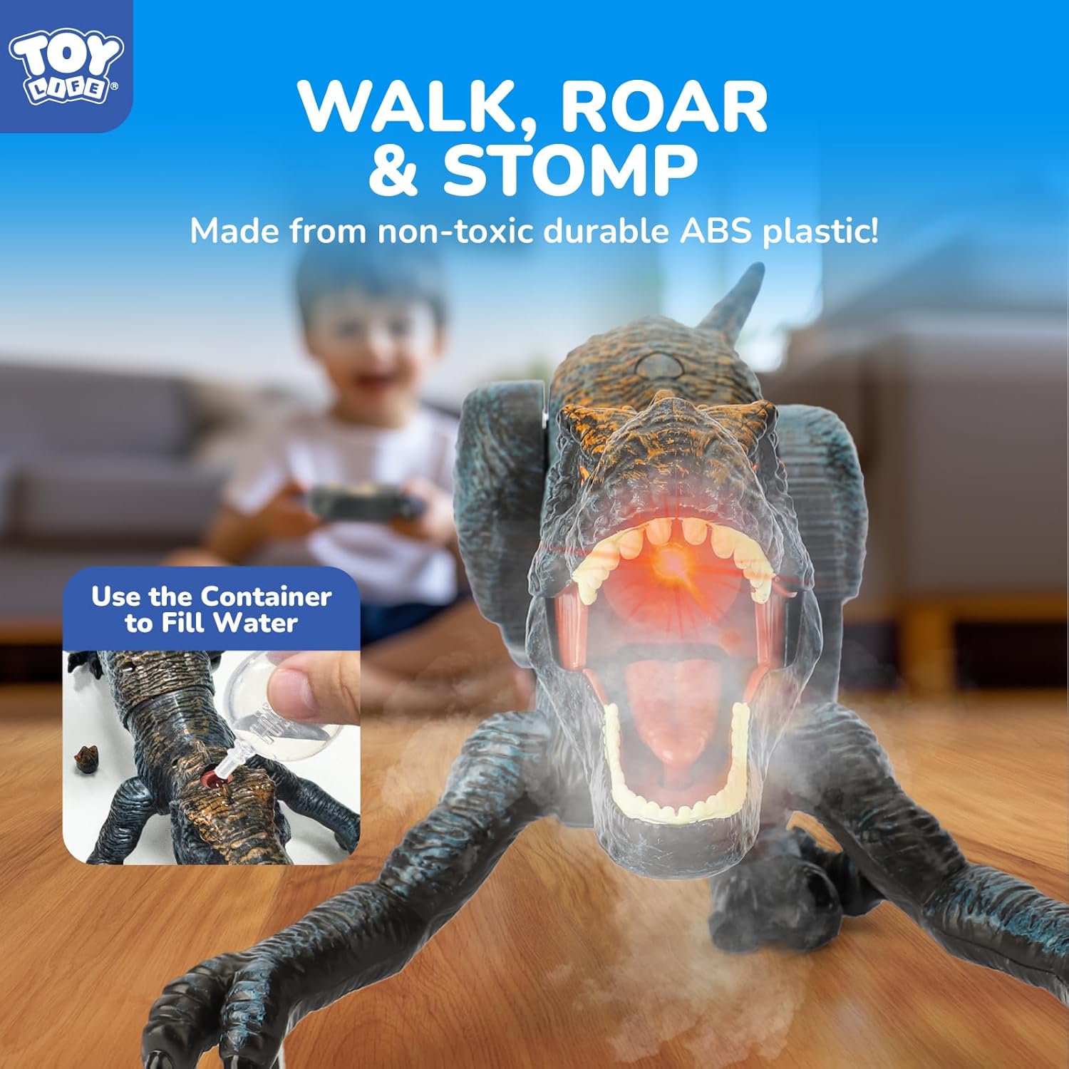TOY Life Remote Control Dinosaur Toy, RC T-Rex with Lights, Sounds & Mist Spray, Walking Robot Dinosaur Toys for Boys Age 4-7, Rechargeable Large Dinosaurs Toy Gift - Blue