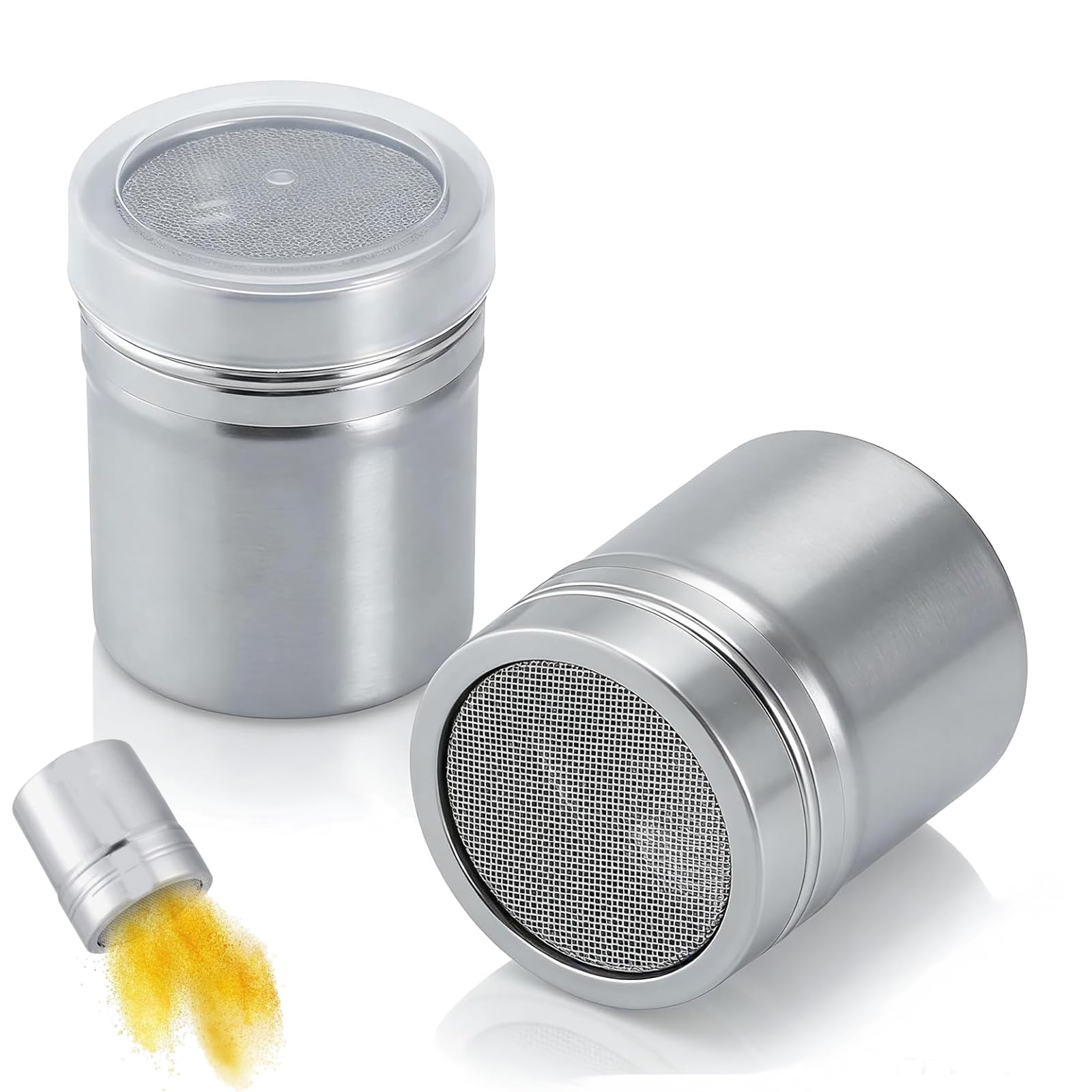 2 PCS Stainless Steel Chocolate Powder Shaker, Flour Shaker, Chocolate Shaker for Cappuccino, Icing Sugar Shaker, for Cappuccino Cocoa Creams Coffee Spice(Silver)