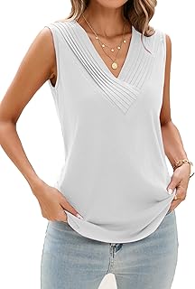 Famulily Sleeveless Tank Tops for Women Pleated V Neck Casual Ladies Vest Summer