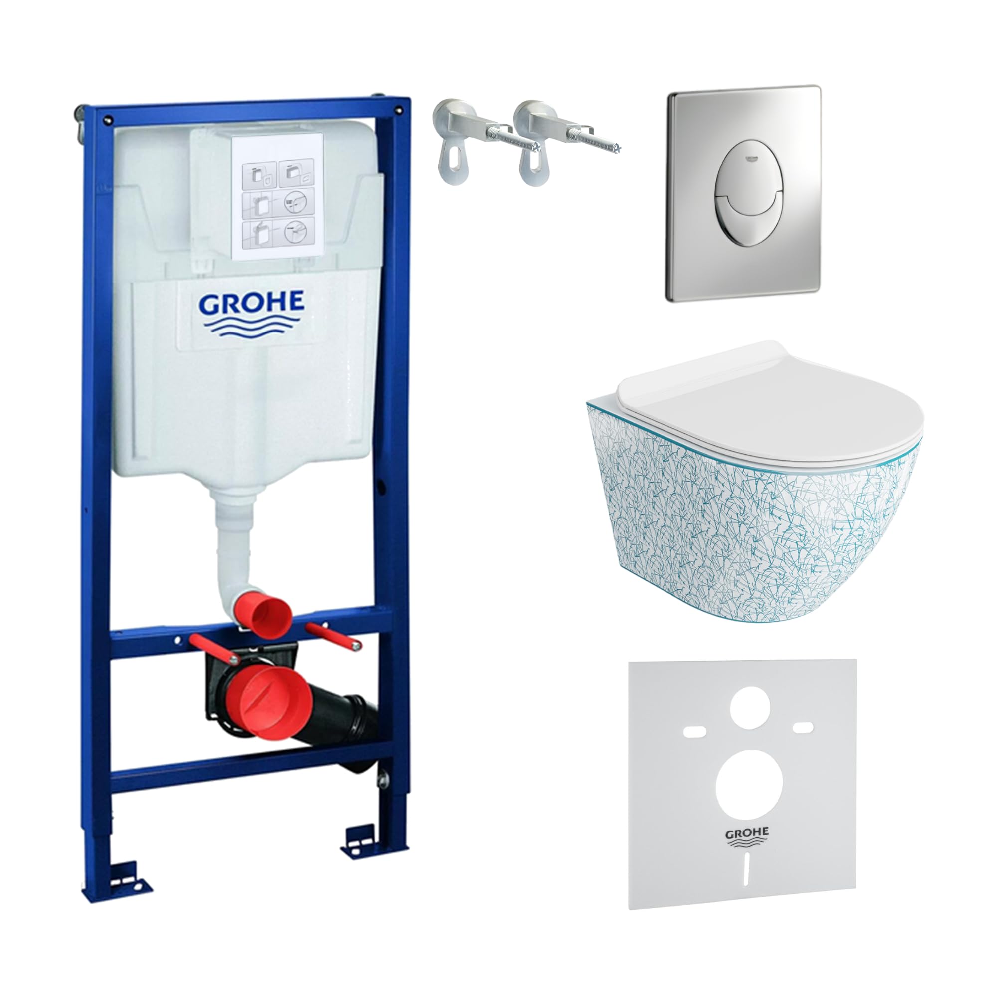 Lavita Vorwandelement Solido Start + Wand Hänge WC Sofi Slim Kresz Weiß/Blau Spülrandlos + WC Sitz mit Absenkautomatik Verchromter Knopf Komplettset Unterputz Spülkasten Toilette Komplett Sett WC