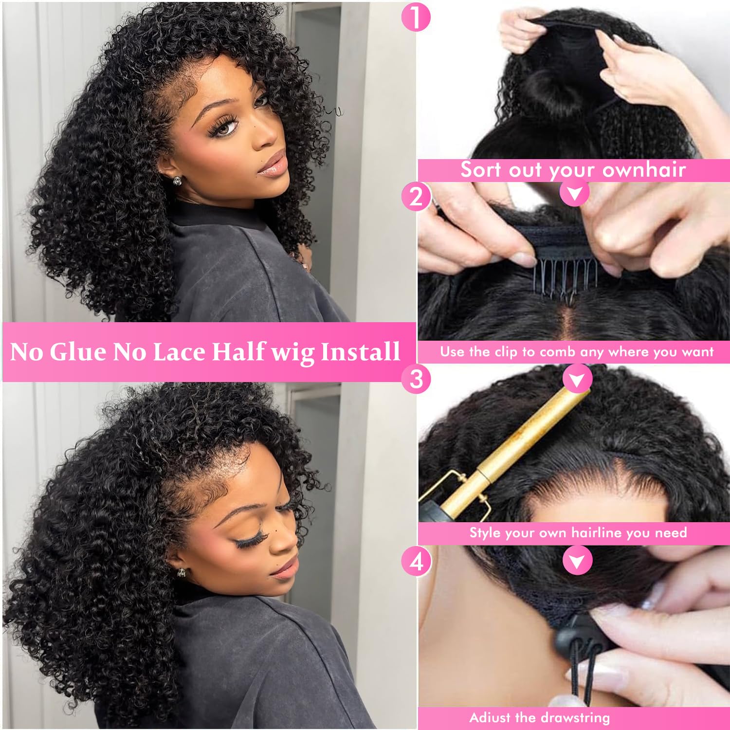 Boopwine Kinky Curly Half Wig Human Hair 20 Inch 3 In 1 Drawstring Seamless Flip Over Curly Half Wigs for Black Women Wear and Go Glueless Wigs Beginner Friendly Headband Wig Human Hair Natural Black