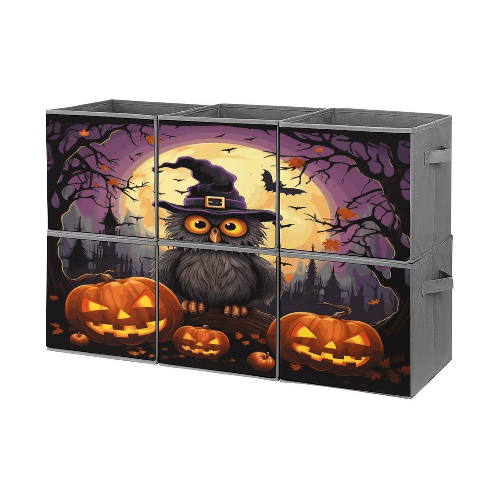 Btcowzrv Style Halloween Owl Ghost Pumpkin Storage Cubes, 6 Pack Oxford Fabric Foldable Collapsible Bins With Handles, Cubby Storage Baskets Boxes For Closet Shelves Office Organization