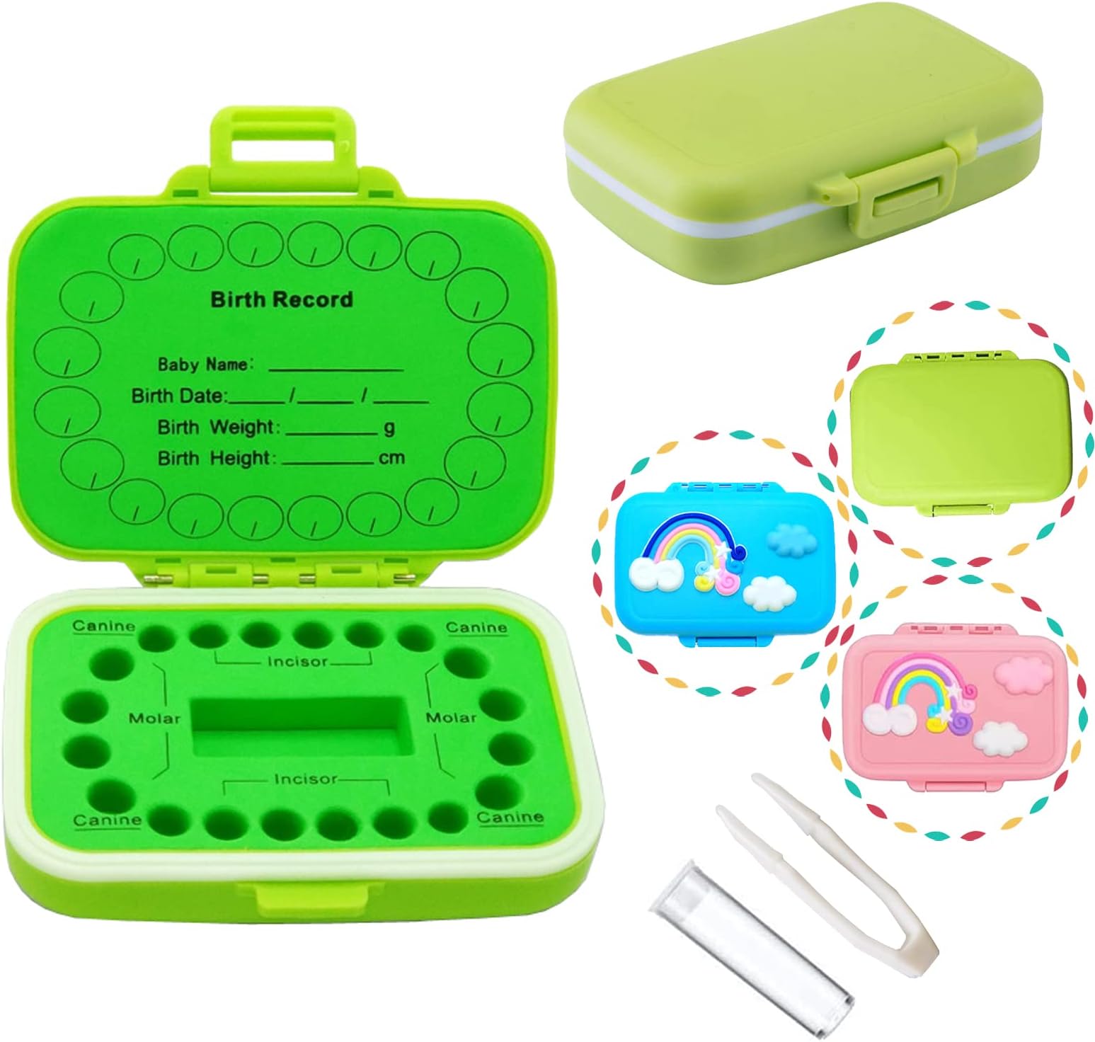 Baby Teeth Keepsake Box Tooth Organizer for Lost Teeth, Tooth Storage with Fetal Hair Container for Tooth Fairy (Green)