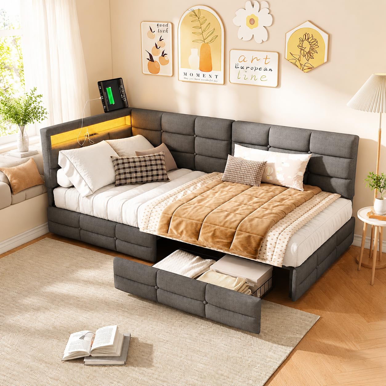 letto singolo 90 x 200 cm, con LED e stazione di ricarica USB, letto per ragazzi con 2 cassetti e rete a doghe, letto per gli ospiti, struttura del letto senza materasso