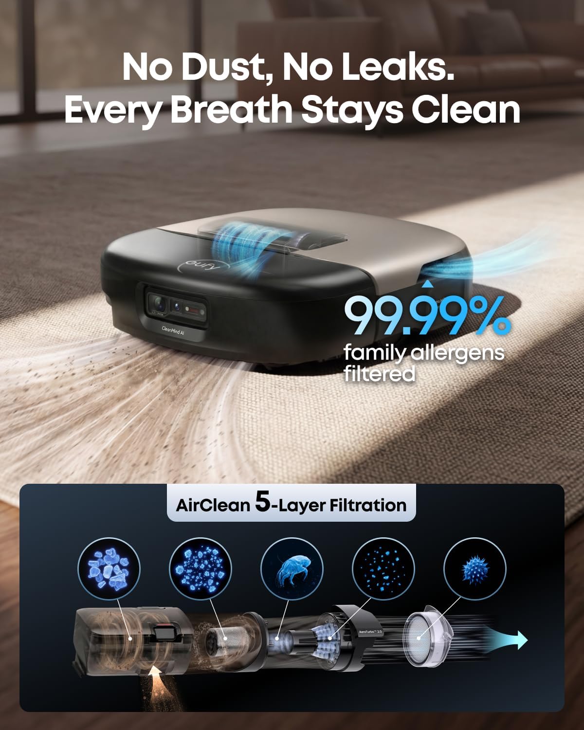 eufy Robot Vacuum Omni S2 and Mop Combo, 99.99% Germ Removal, HydroJet™ 2.0 Always Self-Cleaning Roller Mop, 30,000 Pa Fade-Free Suction, 5-Layer Filtration, 68-Days Self Emptying, Fragrance Diffuser