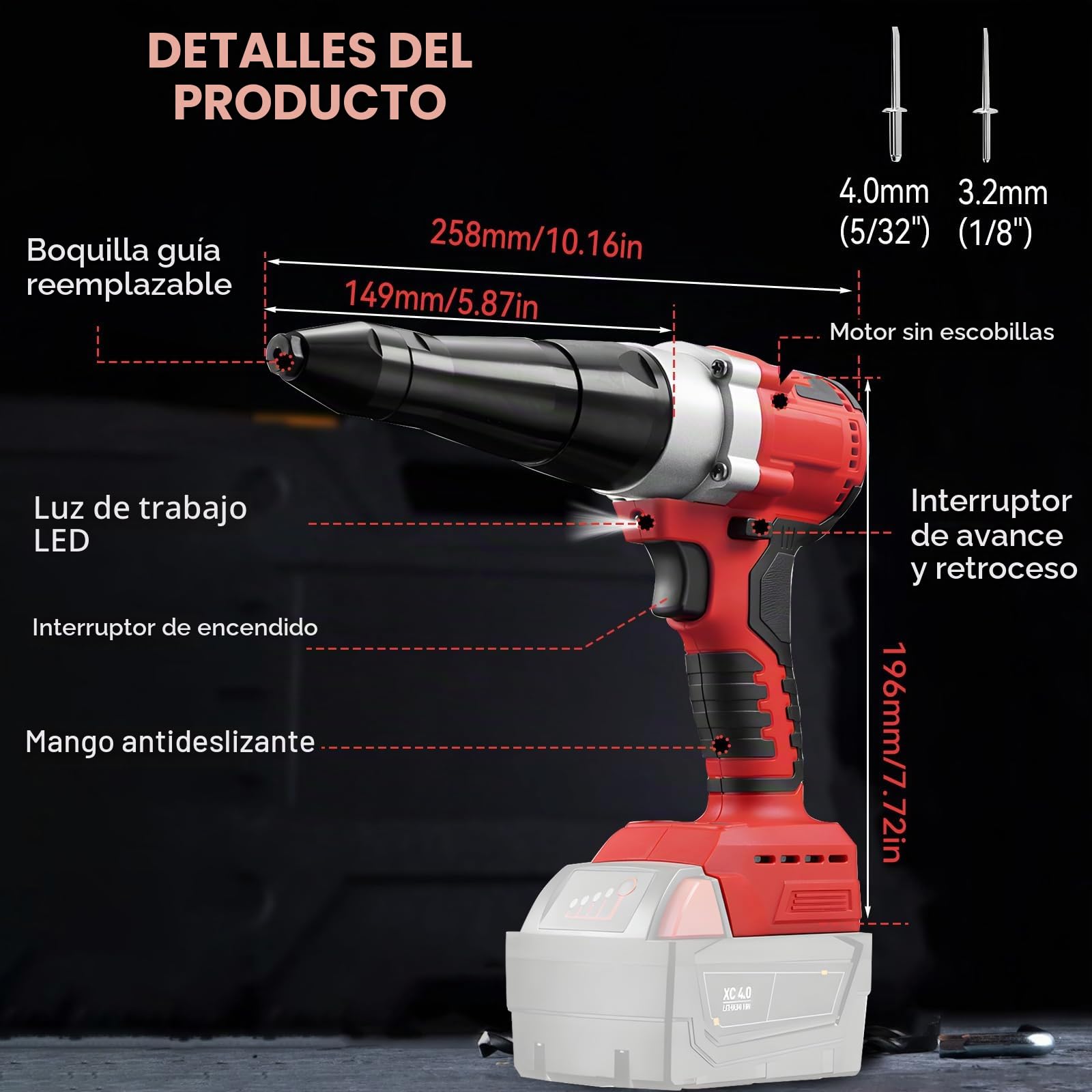 Alicates de remachado de batería compatibles con batería Mi-LWAUKEE de 18 V (sin batería), pistola de remache inalámbrica, pistola de remache sin escobillas para remaches de 1/8 pulgadas, 5