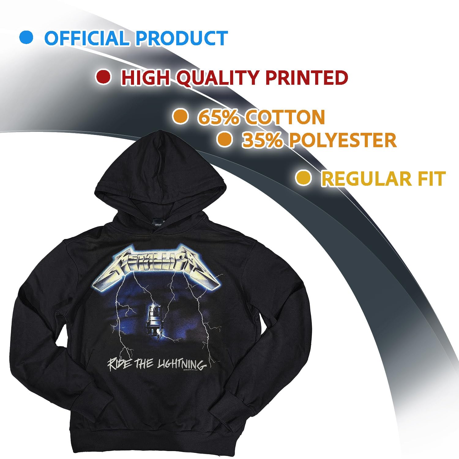 Metallica Felpa Ufficiale Ride The Lightning. Felpa con Cappuccio Unisex in Cotone. vestibilità Regular per Adulto e Ragazzo