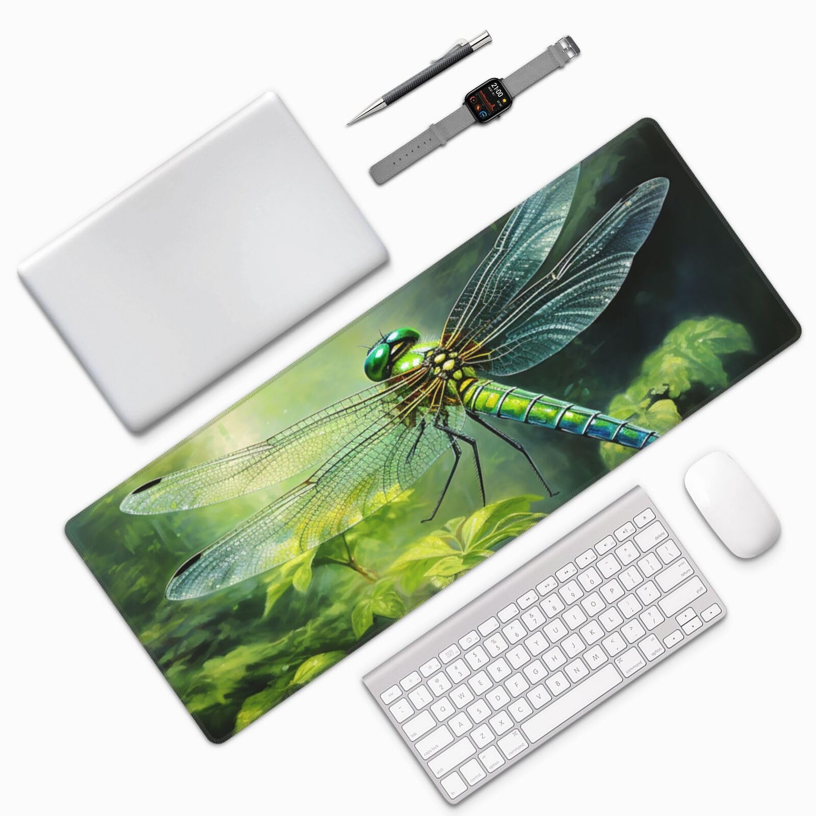 Famame Laptop Mouse Pad Green Dragonfly on Leaves Desk Mat with Stitched Edges 31.5X 11.8 inch Non-Slip Large Keyboard Rubber Writing Table Mat for Office Home 2